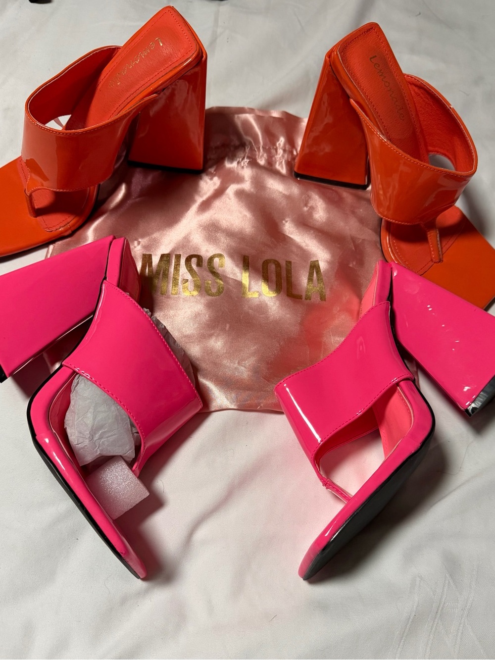 TWO Miss Lola Hot Pink and Bright Orange Patent Slide Heels